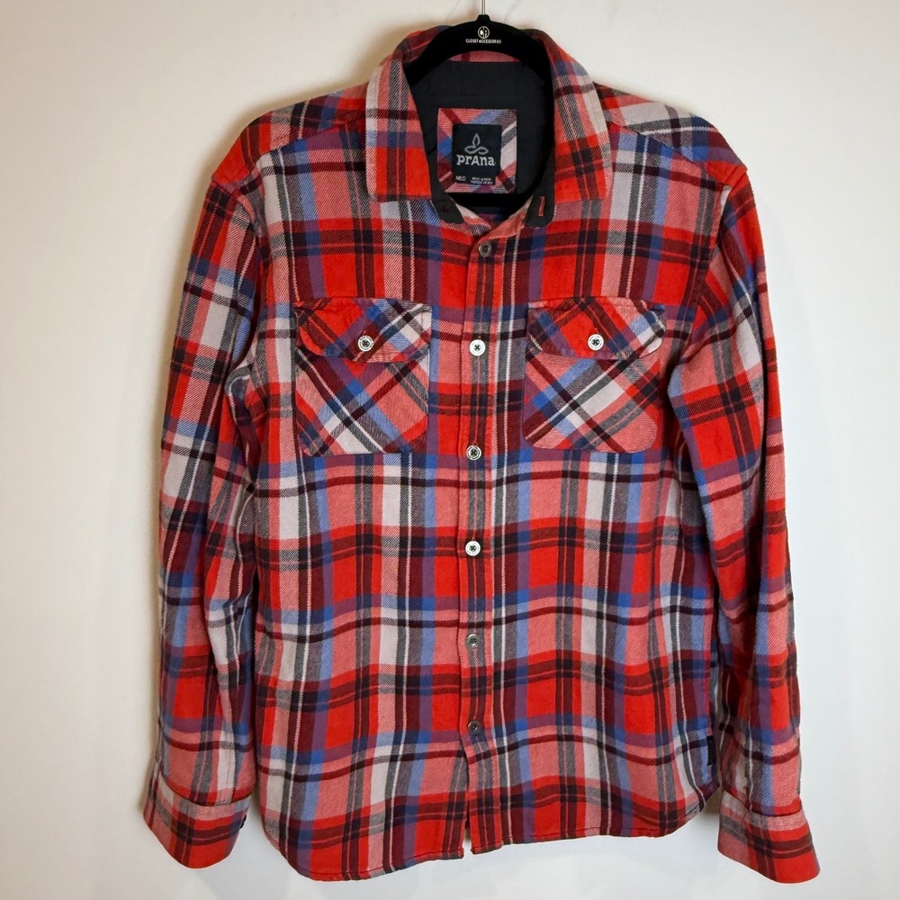 Prana Mens Plaid Flannel Shirt Red Blue Grey Button Up Long Sleeve Size Medium